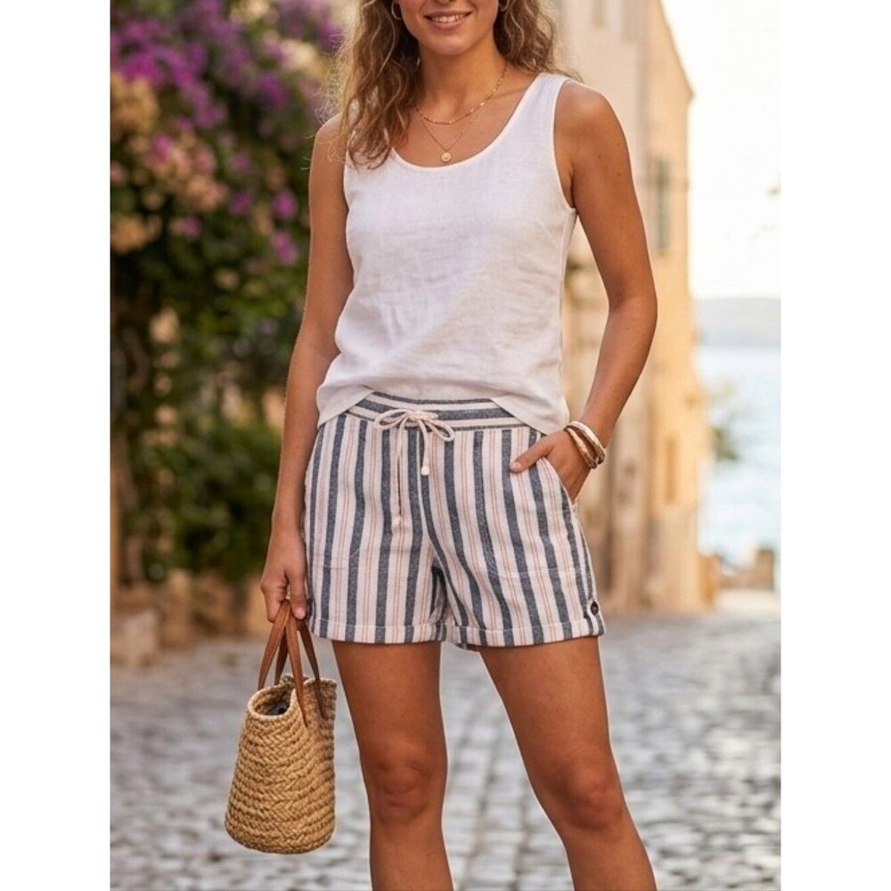 Per Se Linen Blend Striped Roll Tab Shorts in White/Navy/Orange Combo Size Med